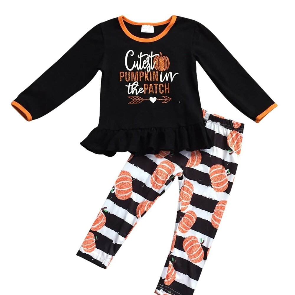 2 PCs toddler girls Halloween Outfit Long Sleeve Top Pants Legging Pumpkin Patch
